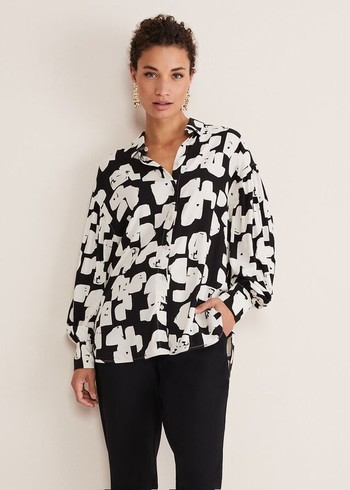 Phase Eight Luana Geo Print Shirts Black/Cream Canada | IPVNZJ-928